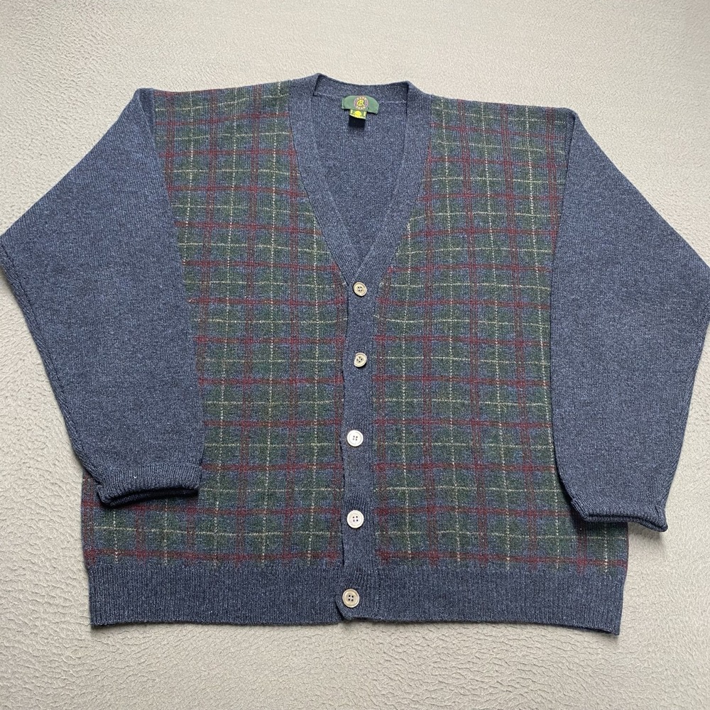 Vintage Club Room Sweater Cardigan Mens XL Blue Plaid Lambswool Knit Hong Kong